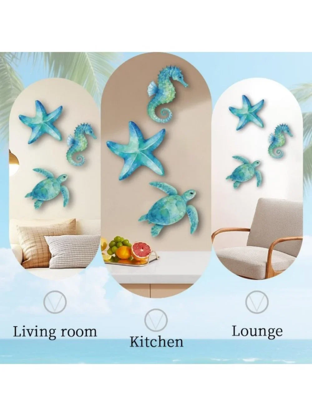 Seahorse Wall Decor Set - Ocean Sculptures, Blue Sea Turtle & Starfish Art for